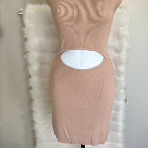 Beige Cutout Ribbed Dress
